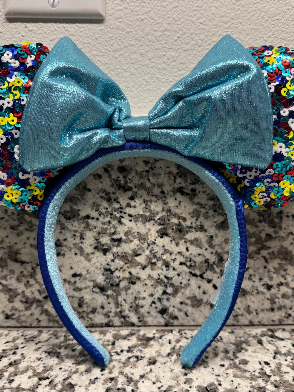 Disney Parks 2022 Sequin Minnie Ears Headband Rainbow Blue Bow Retired Rare